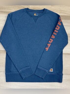 Carhartt Women's Sweatshirt Medium 8/10 Teal
Crewneck Spell Out Logo Sleeve